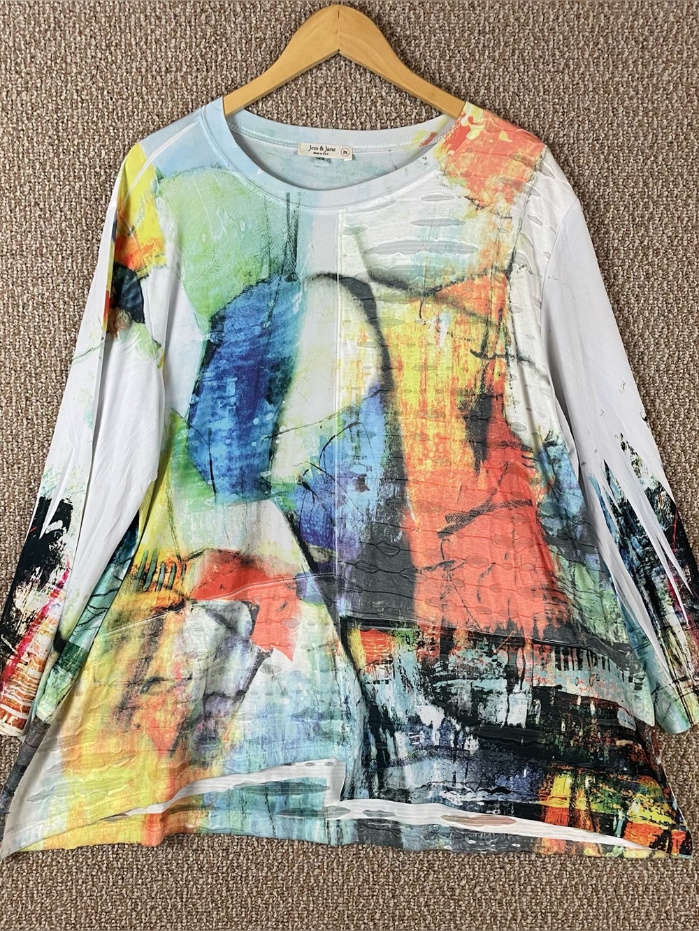 Jess & Jane Top Womens 2X Colorful 3/4 Sleeve Abstract Rayon Mesh Cutout T289